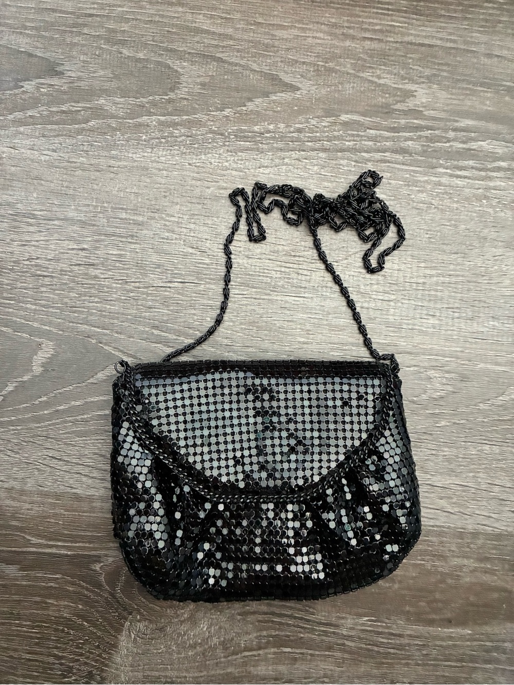 VTG Black Metal Mesh Crossbody Flap Purse Clutch Bag Chain Strap Sparkle NYE